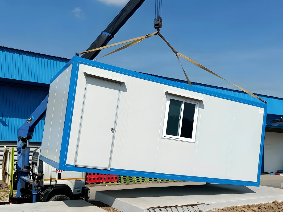 Crane truck lifting a modular container office building into position on a construction site