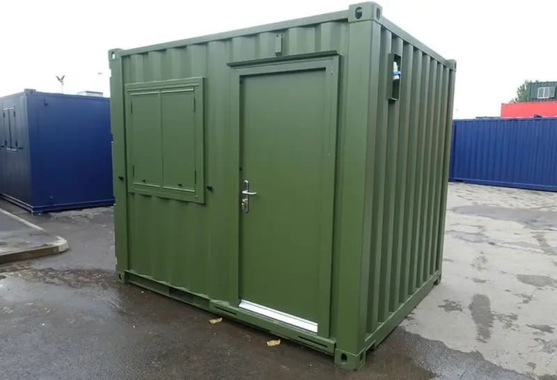 Green steel shipping container with double doors and handles in an outdoor storage yard with other coloured containers