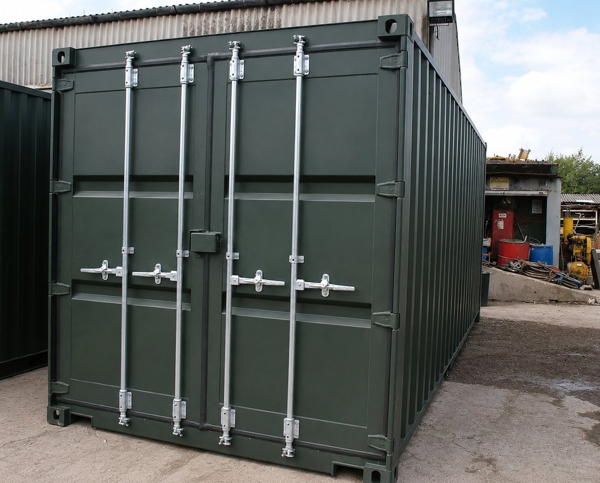 Green metal shipping container with sealed doors and latches in an outdoor storage yard